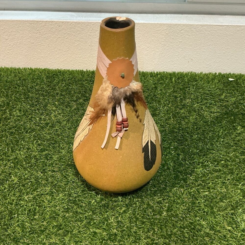 Southwestern Style Pottery Vase Feather Leather Bead Decor 9” Rustic